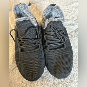 Cozy Faux-Fur Lined Knit Slip-On Sneakers - Black Size 38 or 6.5 RUNS SMALL
